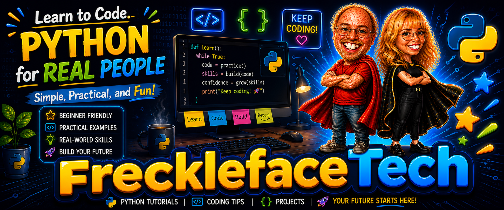 Freckleface surrounded by neon code, gears, and books — ready to teach you Python.