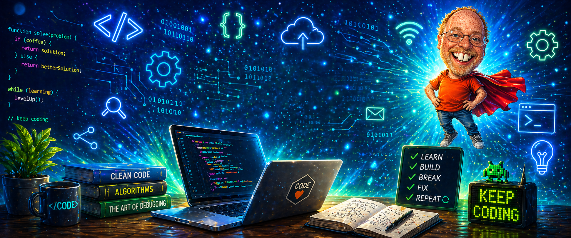 Freckleface surrounded by neon code, gears, and books — ready to teach you Python.